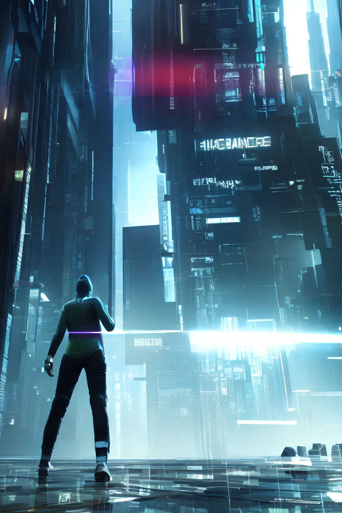 Futuristic neon-lit cityscape at night with towering buildings