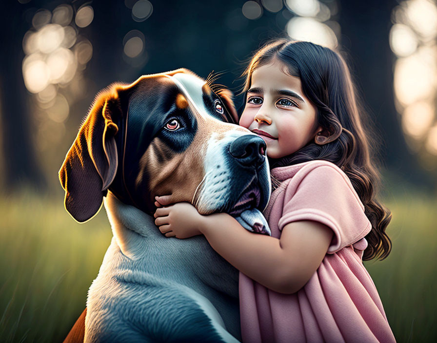 Young girl in pink dress embracing large brown and black dog in sunlit field