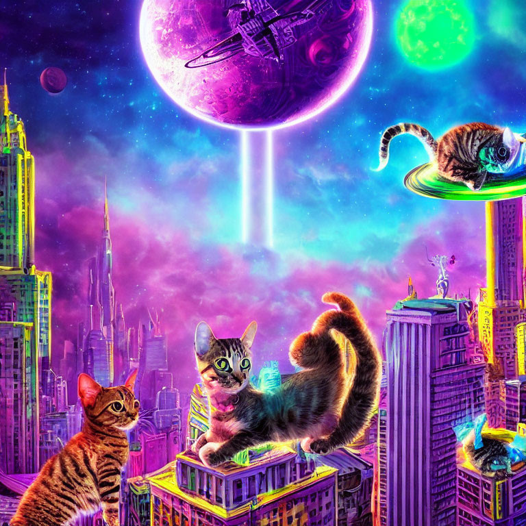 Futuristic sci-fi cityscape with giant cats, alien planets, spaceship