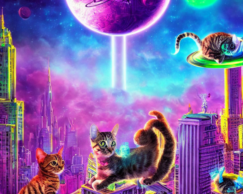 Futuristic sci-fi cityscape with giant cats, alien planets, spaceship