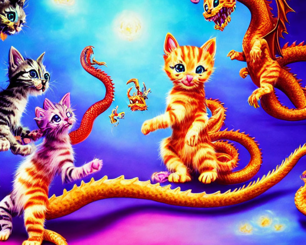 Colorful Fantasy Scene: Kittens Play with Orange Dragon under Starlit Sky