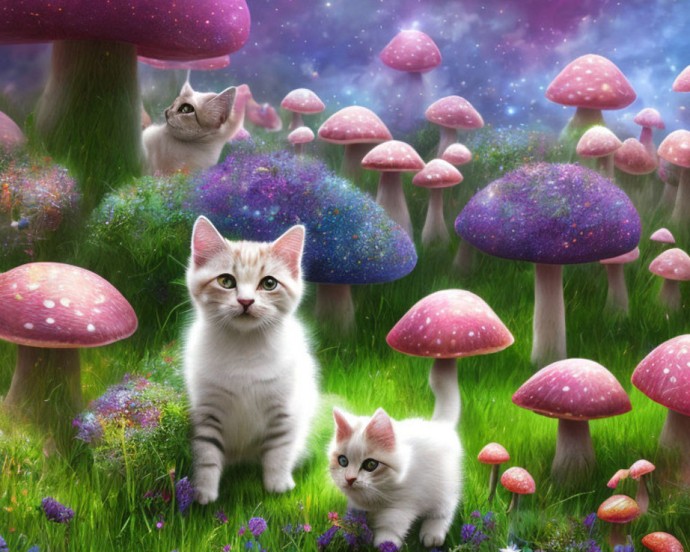 Two kittens in colorful meadow with oversized mushrooms