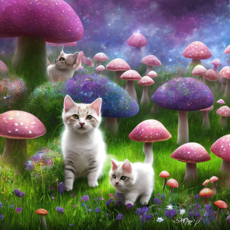 Two kittens in colorful meadow with oversized mushrooms