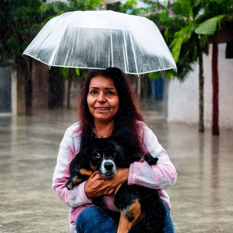 Woman with Dog Smiling Under Transparent Umbrella in Rain