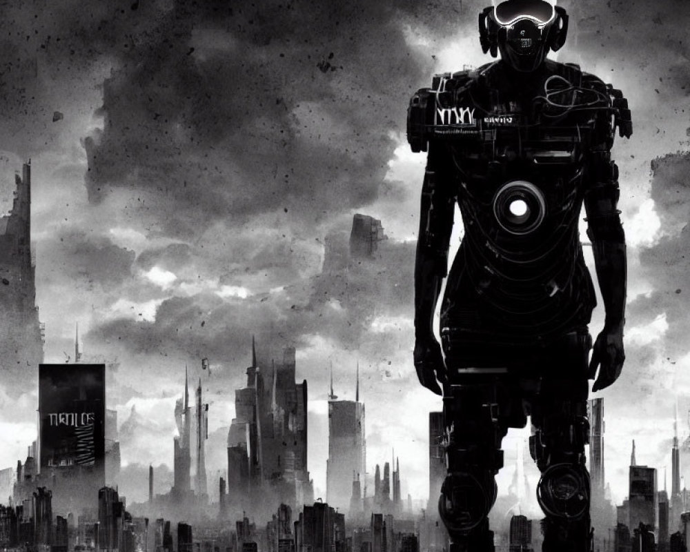 Humanoid Robot in Dystopian Cityscape with Dark Skies and Skyscrapers