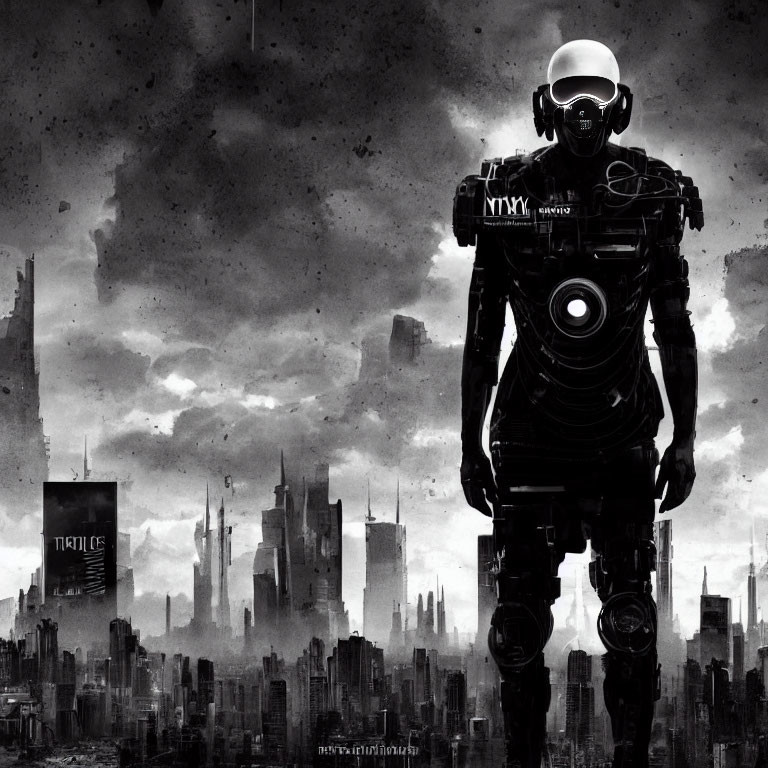 Humanoid Robot in Dystopian Cityscape with Dark Skies and Skyscrapers