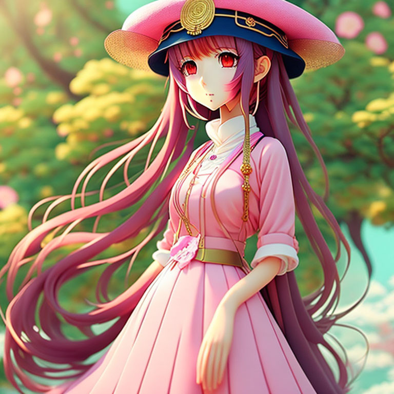 Anime-style girl with long purple hair and red eyes in pink dress and hat.