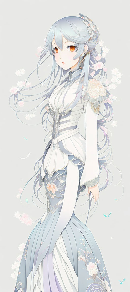 Anime-style illustration of girl with silver hair, amber eyes, white and blue outfit, floral details.