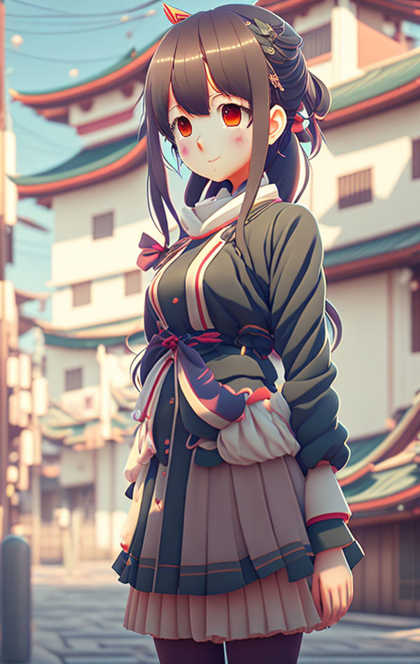 Long-haired animated girl in green jacket and grey skirt smiling in traditional town setting