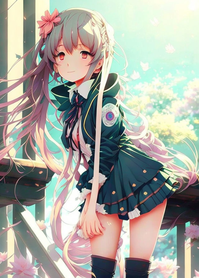 Long-haired anime girl in school uniform with bow, surrounded by cherry blossoms on stairs