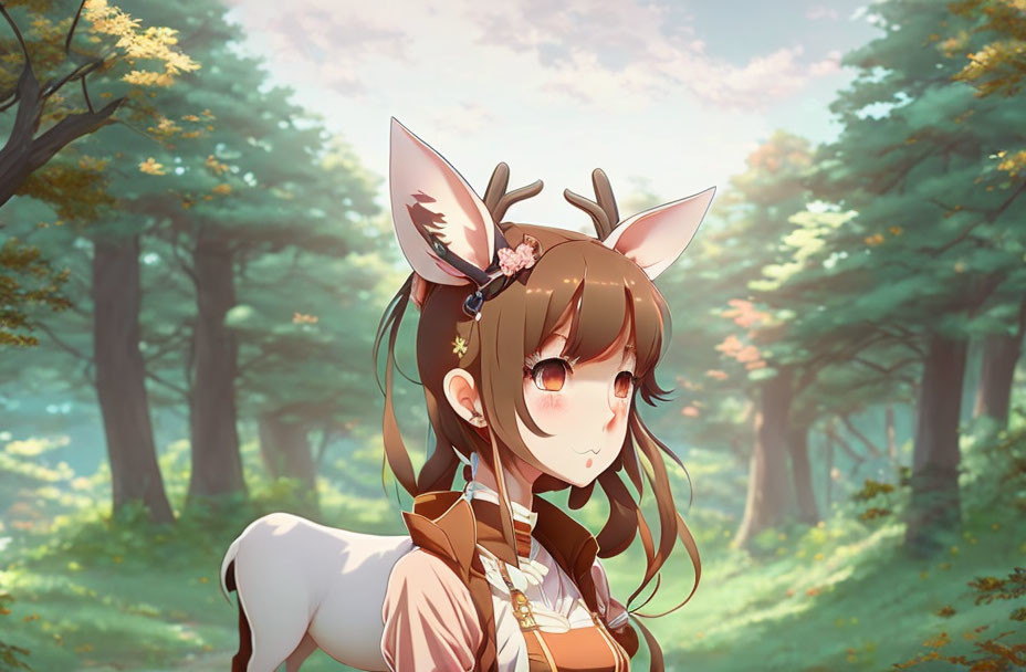 Brown-haired deer-like character in sunlit forest scene