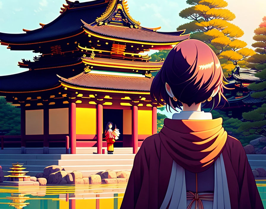 Short-haired person admires Japanese temple and kimono figure by serene pond.