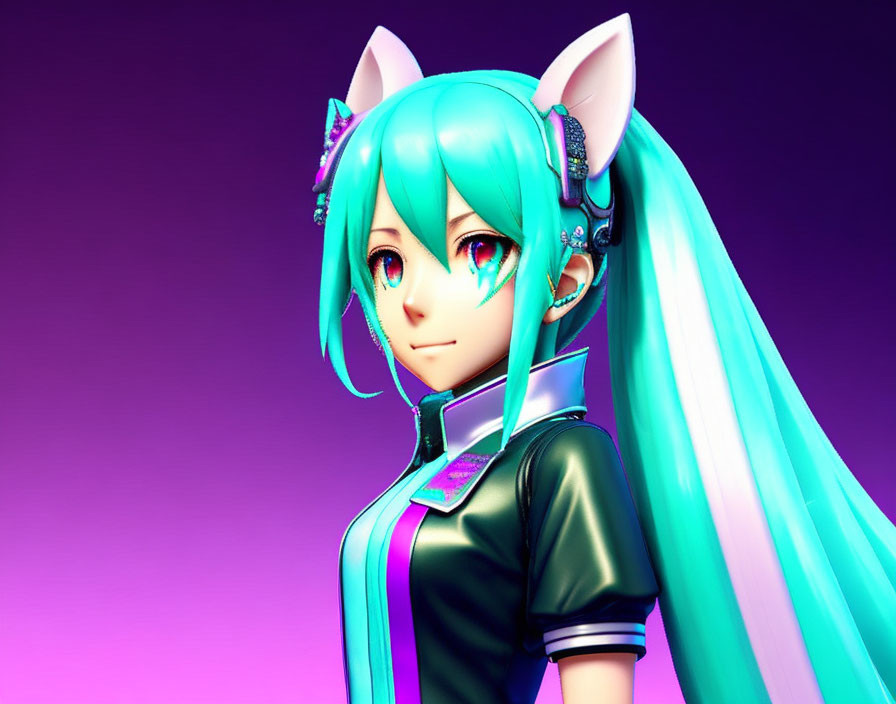 Colorful Anime-Style Female Character with Turquoise Twin Tails and Cat-Like Ears on