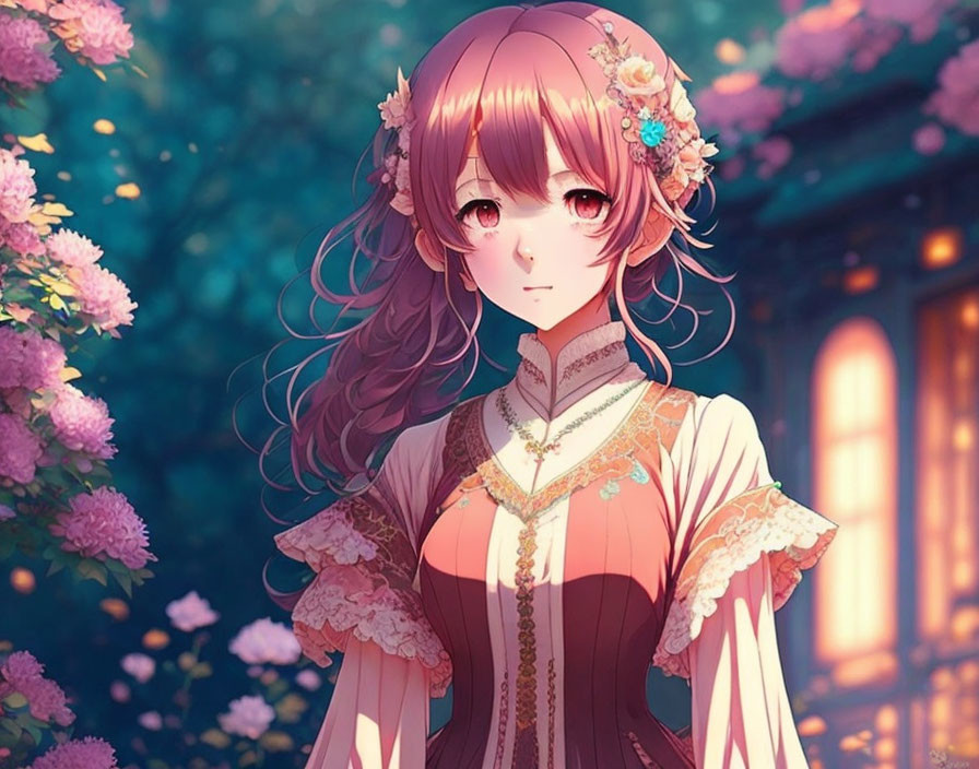 Pink-haired anime girl in vintage dress surrounded by flowers and greenery