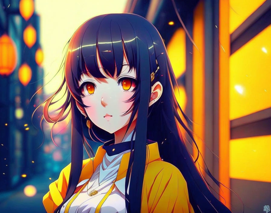 Stylized anime girl with black hair and golden eyes in yellow outfit against glowing orange background