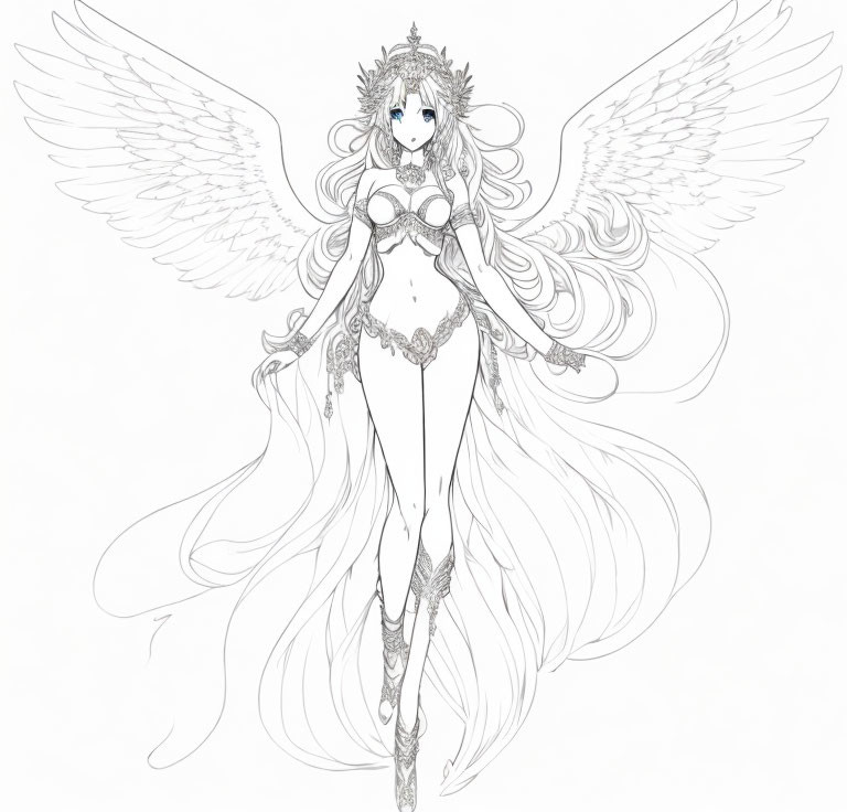 Detailed line drawing of ethereal female figure with intricate wings and regal attire.