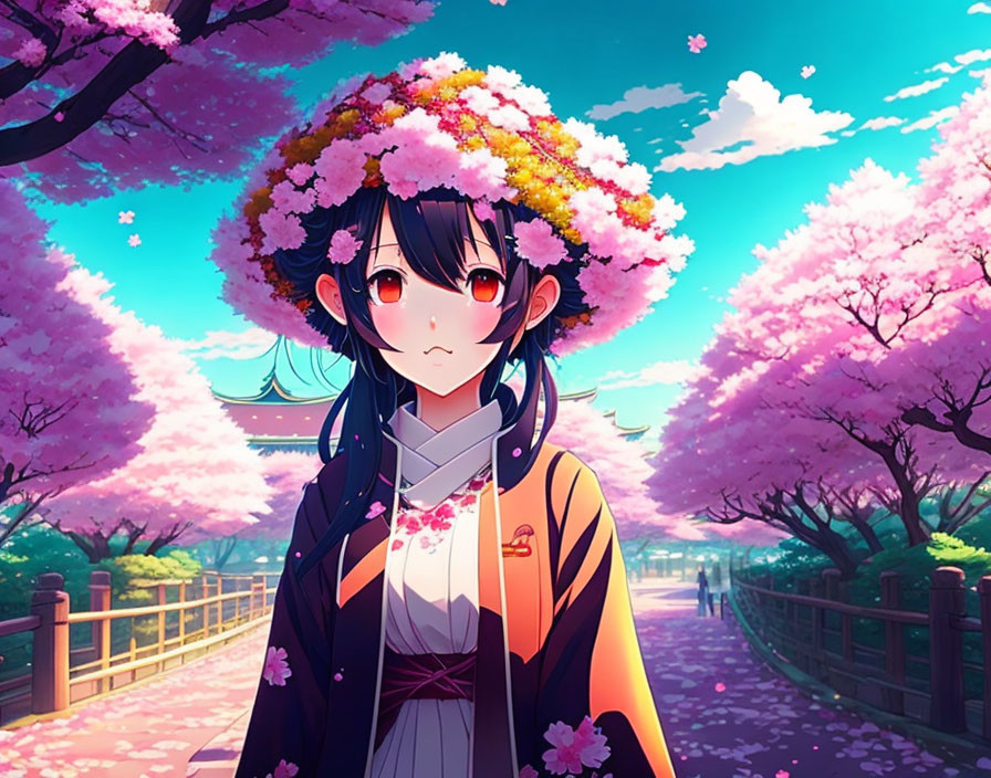 Anime character with flower-adorned hat among cherry blossom trees on pink path