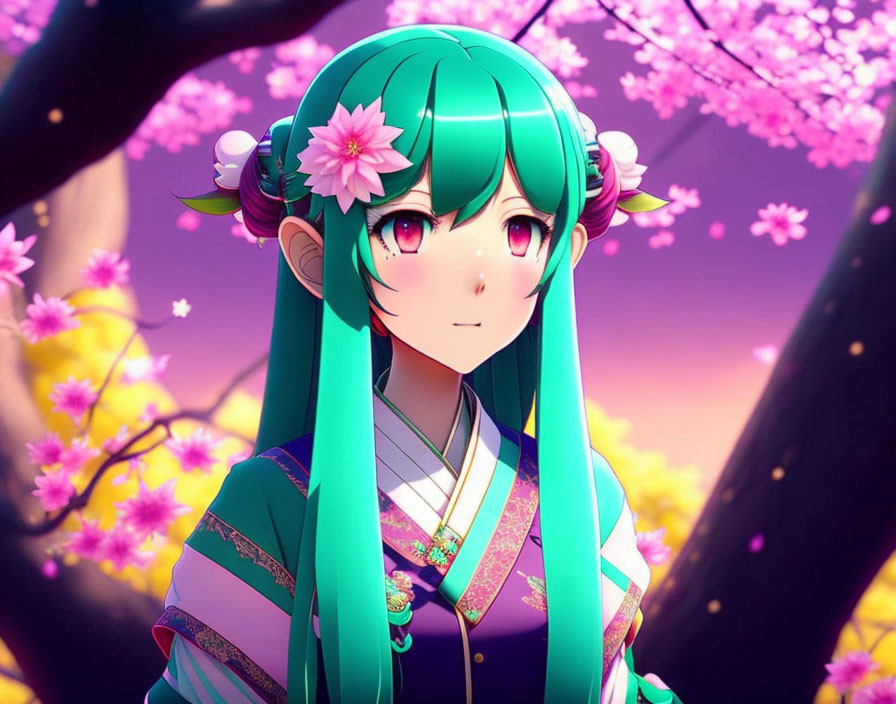 Green-haired anime character in traditional attire under pink cherry blossoms