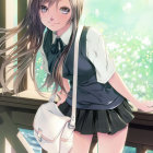 Long-haired anime girl in school uniform with bow, surrounded by cherry blossoms on stairs