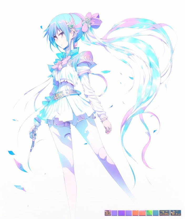 Blue-haired anime-style girl in white and blue outfit with flowers in hair.