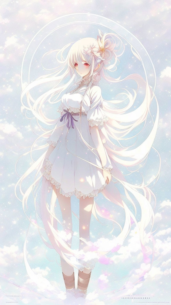 Illustrated serene girl with white hair in flowing dress amidst dreamy pink clouds