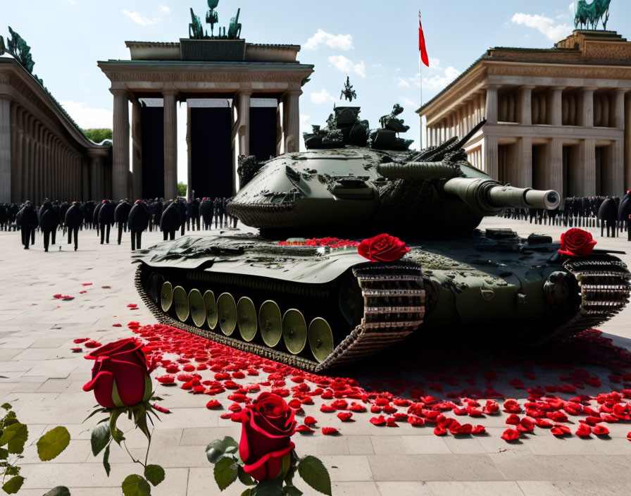 Military tank with red roses at neoclassical monument procession.