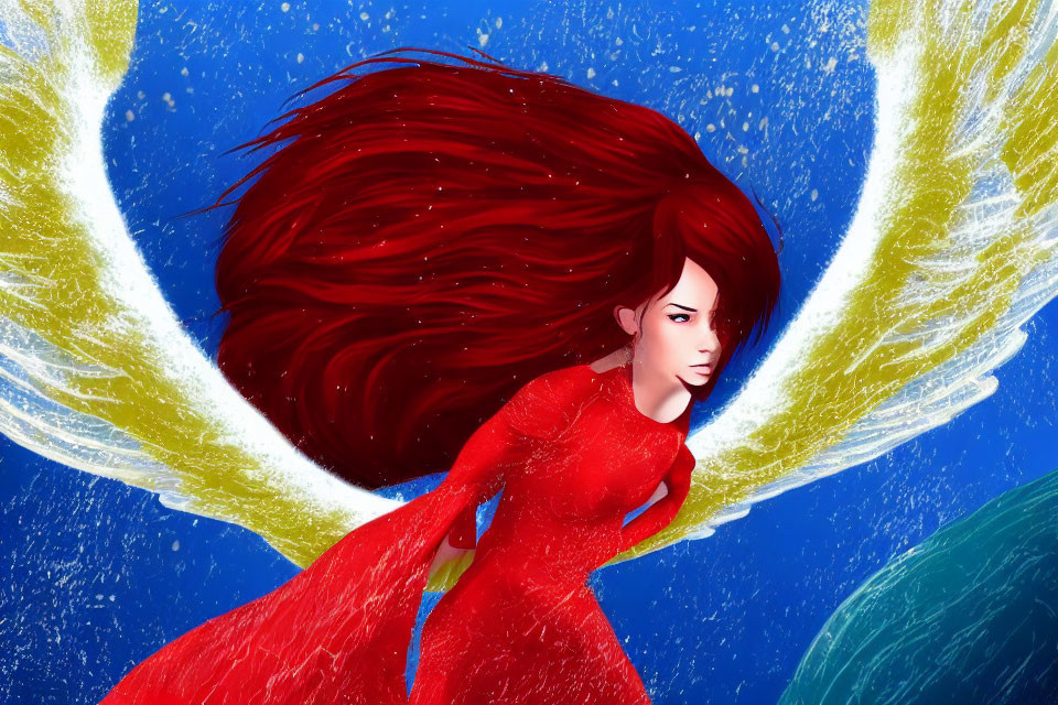 Red-haired woman in red dress harnesses energy against blue backdrop