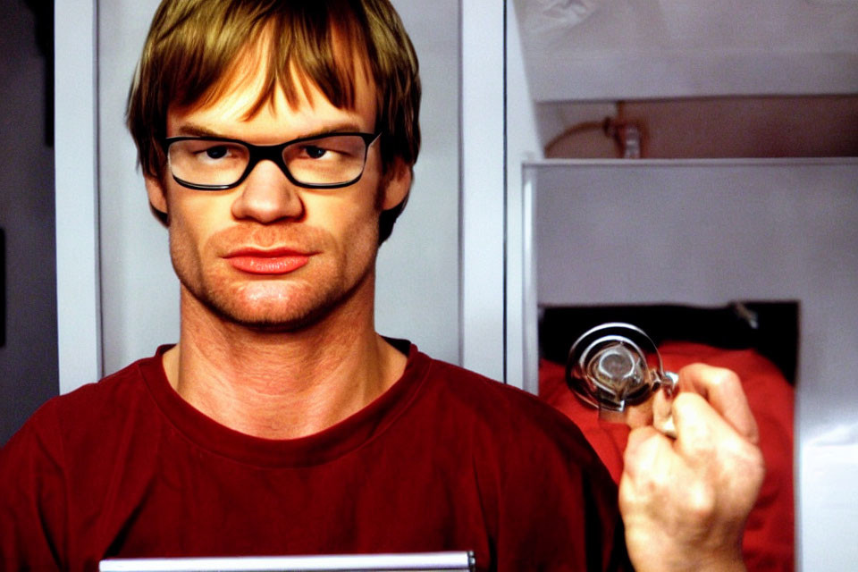 Blond man with glasses holding silver object, red-shirted reflection, white-framed mirror.