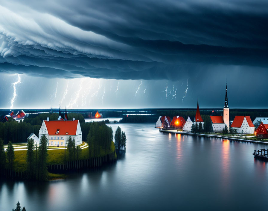 Dramatic night scene: lightning storm over waterfront town