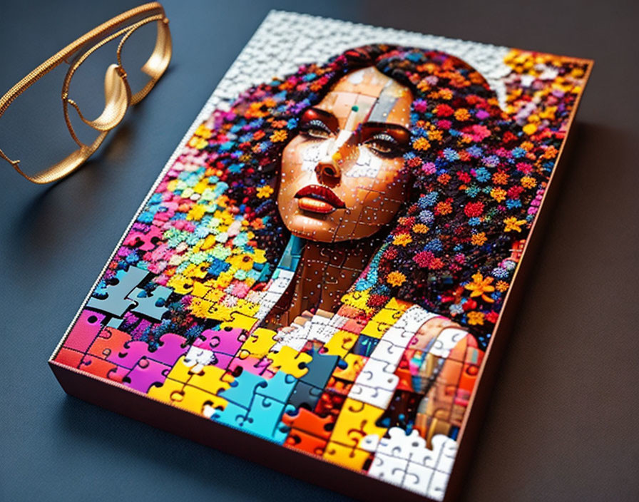 Colorful Completed Puzzle of Woman with Vibrant Hair and Glasses on Blue Surface