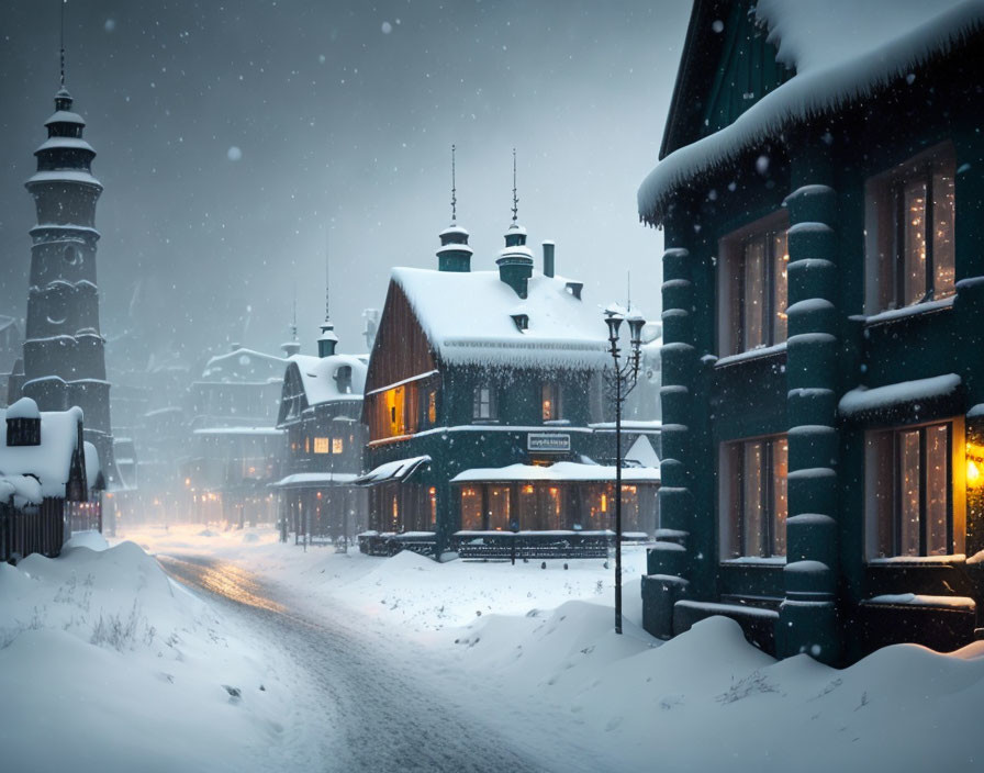 Snow-covered street with traditional wooden buildings and warm lights in serene winter scene