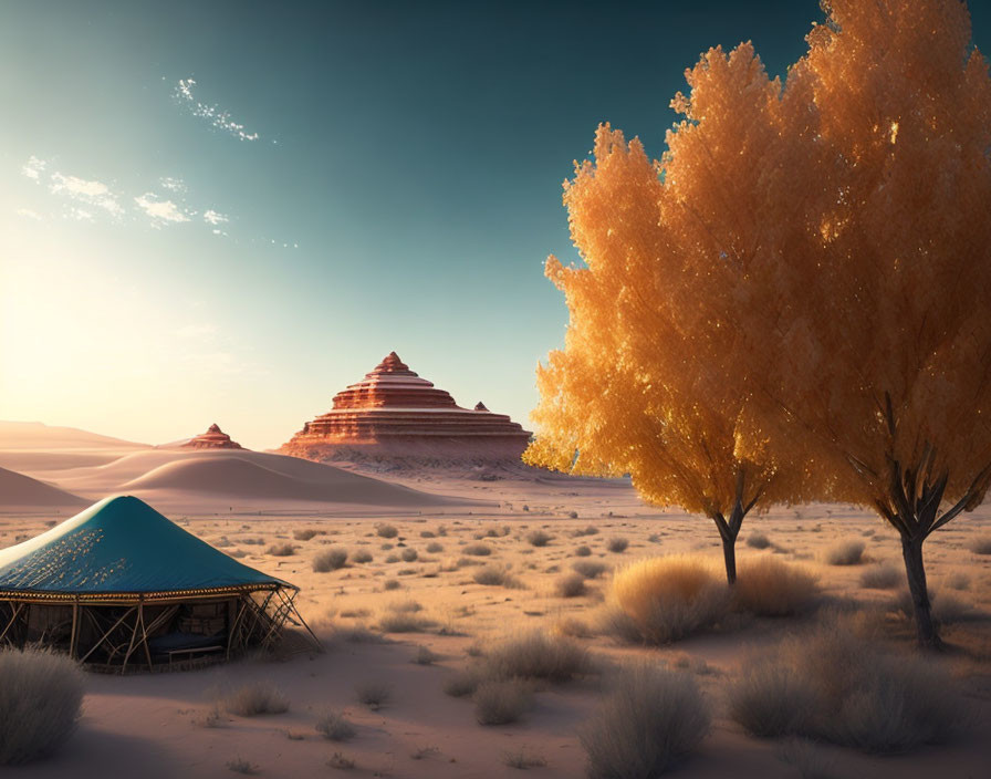 Sunrise desert landscape with golden trees, traditional tent, and striking rock formation.