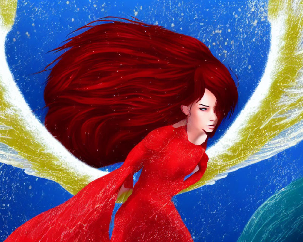 Red-haired woman in red dress harnesses energy against blue backdrop