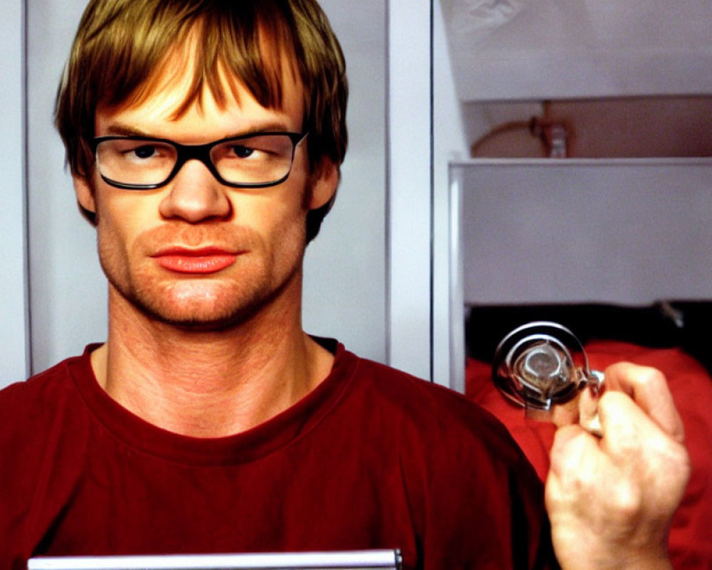 Blond man with glasses holding silver object, red-shirted reflection, white-framed mirror.