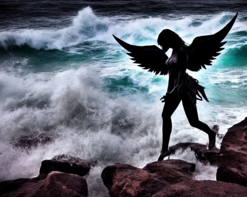 Winged humanoid silhouette on rocky shore with stormy sea and sky