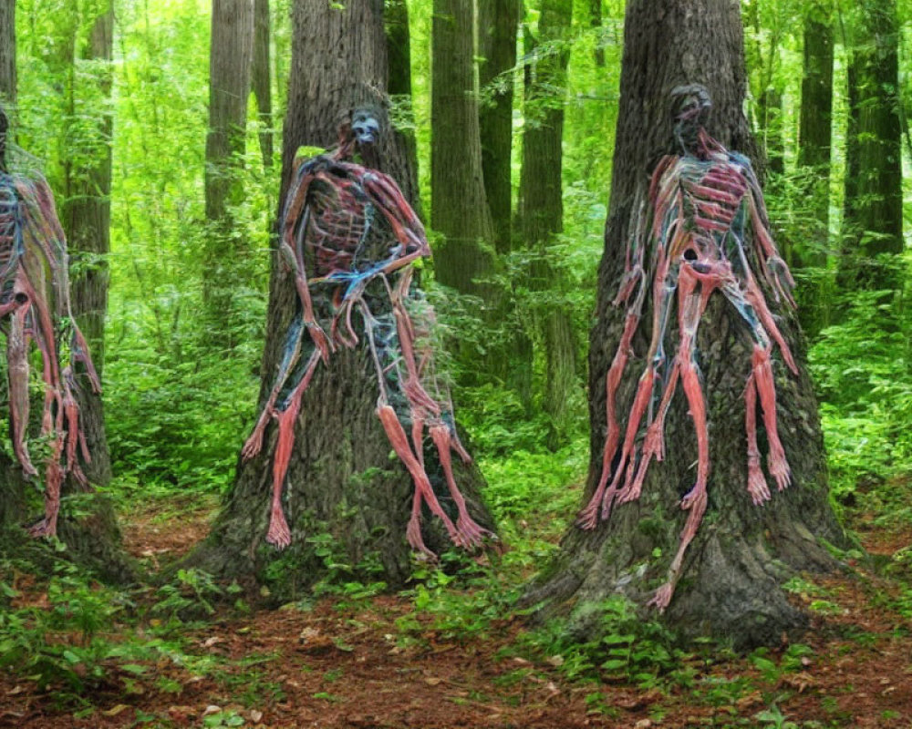 Human anatomy overlaid on trees in lush forest setting.