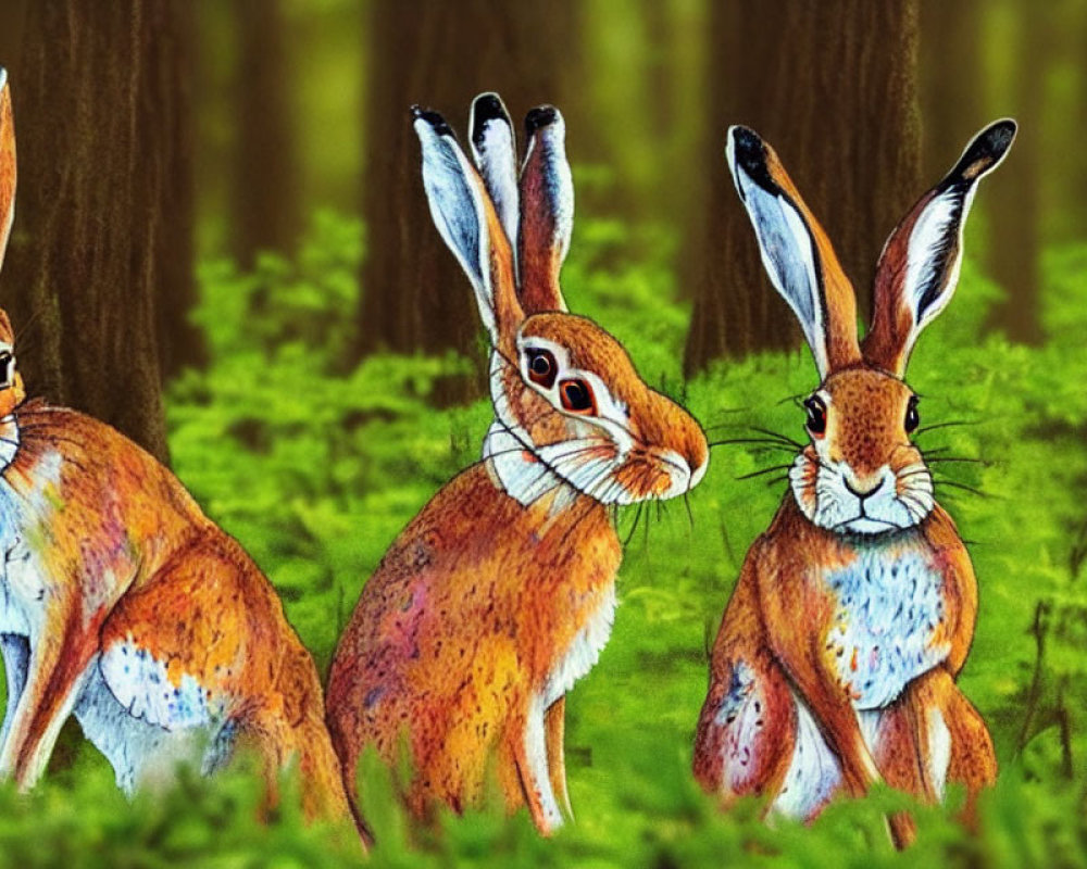 Illustrated hares with prominent ears in forest clearing