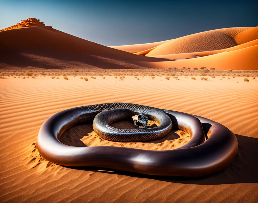 Coiled snake on sandy desert dunes under clear sky