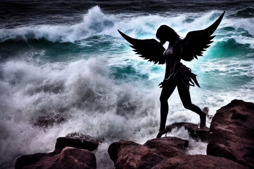 Winged humanoid silhouette on rocky shore with stormy sea and sky