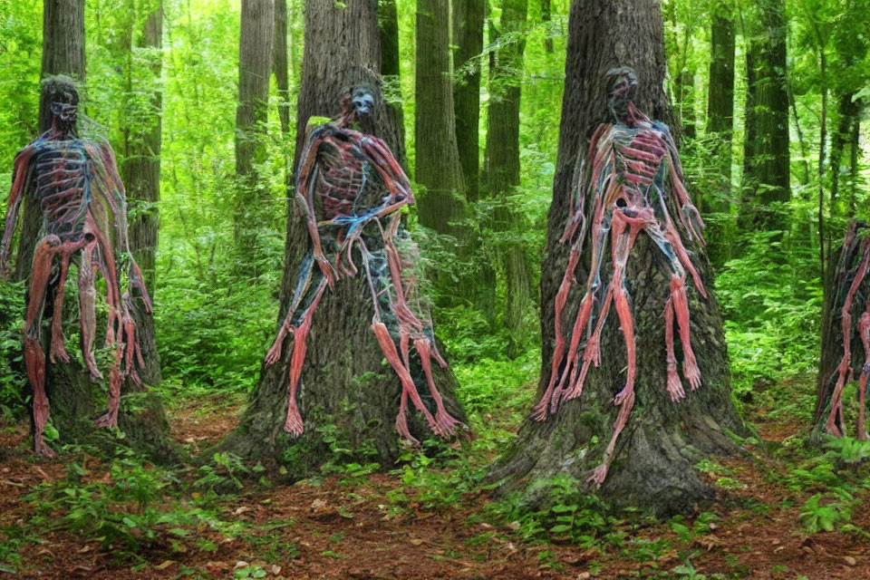 Human anatomy overlaid on trees in lush forest setting.