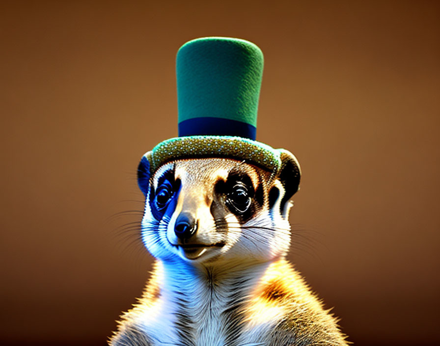 Meerkat wearing green top hat with sparkling eyes on amber background