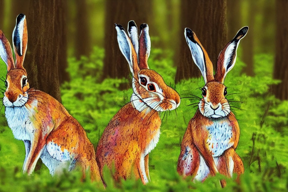 Illustrated hares with prominent ears in forest clearing