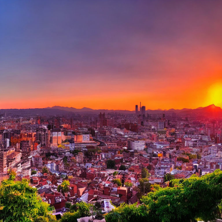 Cityscape at sunset with warm hues and mix of architecture