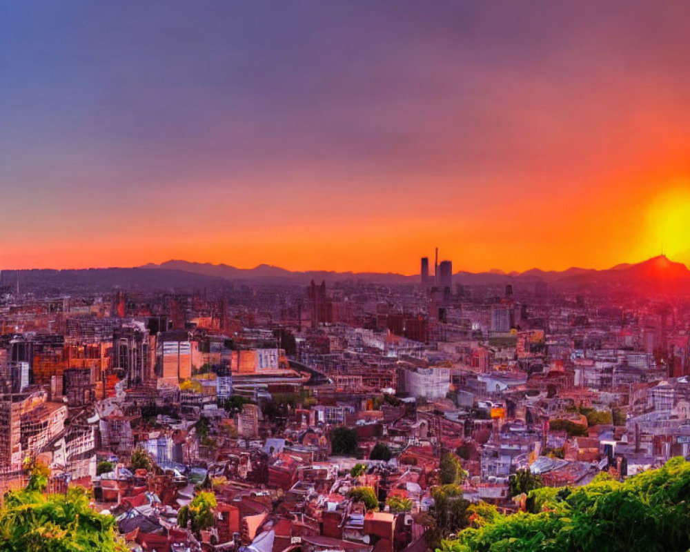 Cityscape at sunset with warm hues and mix of architecture