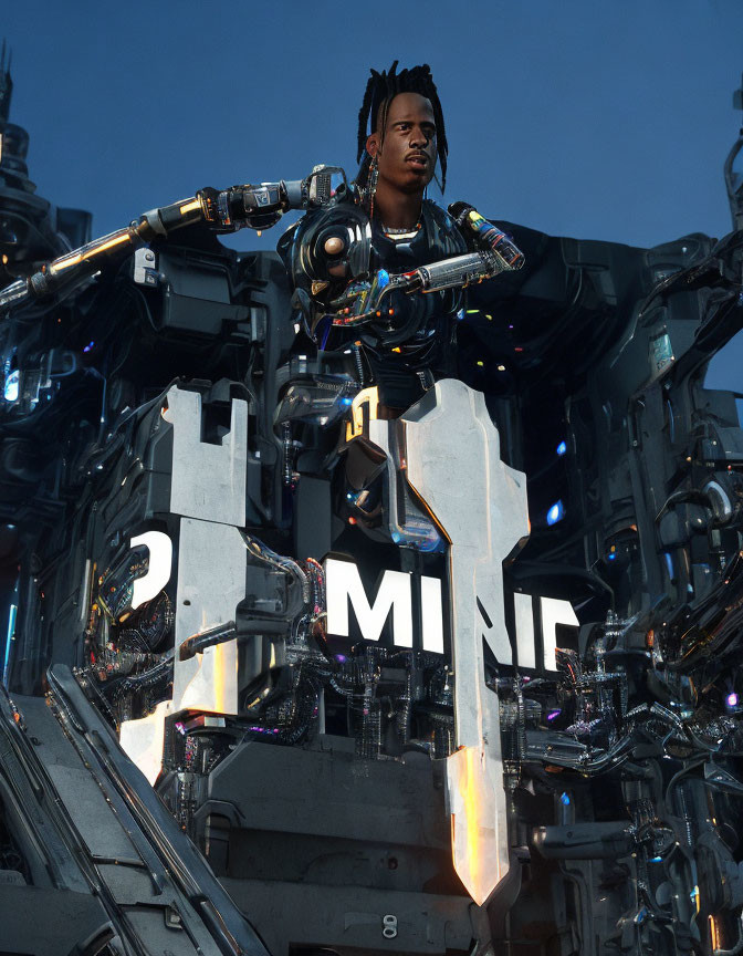 Confident person with dreadlocks in futuristic mech suit in mechanical setting