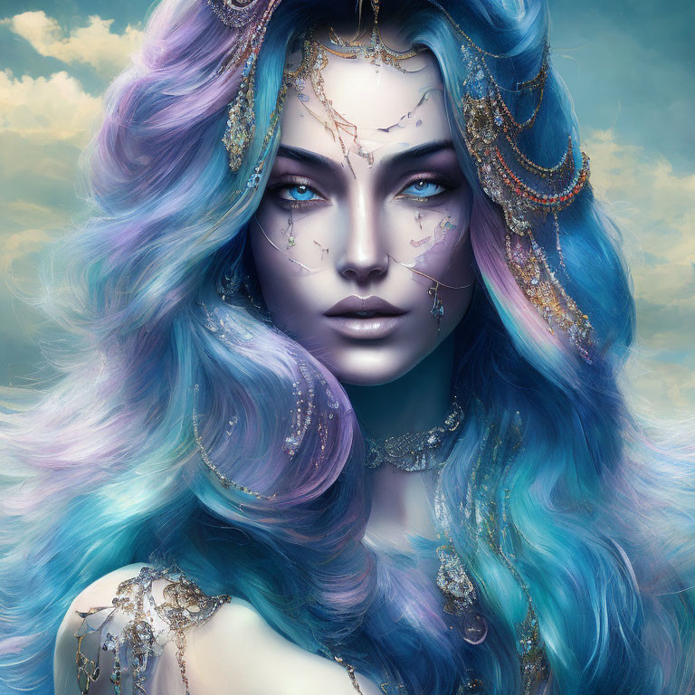 Fantasy portrait of woman with blue ombré hair and gold jewelry under cloudy sky.