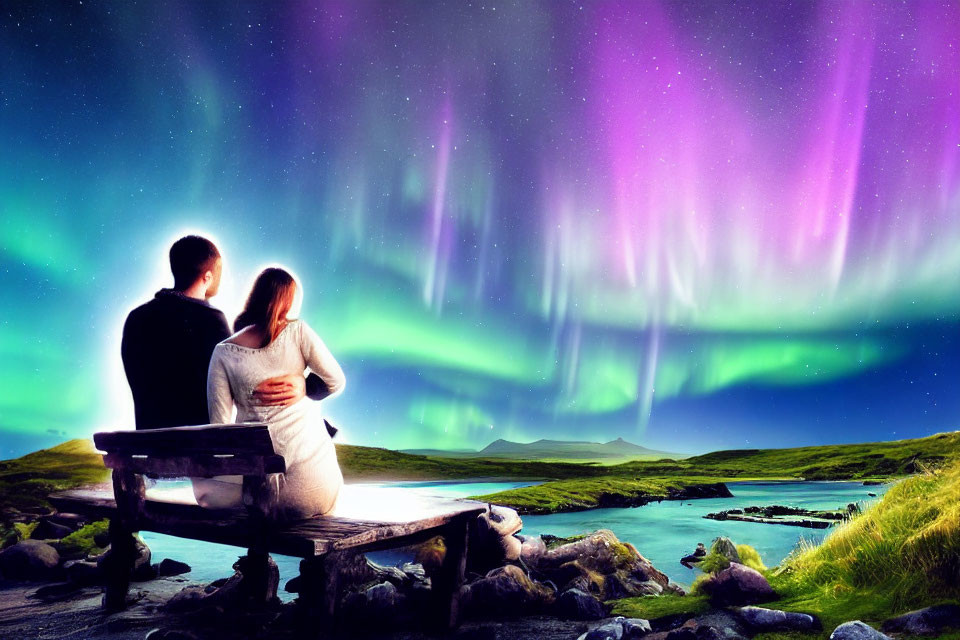 Couple on Bench Under Vibrant Aurora Borealis in Serene Landscape