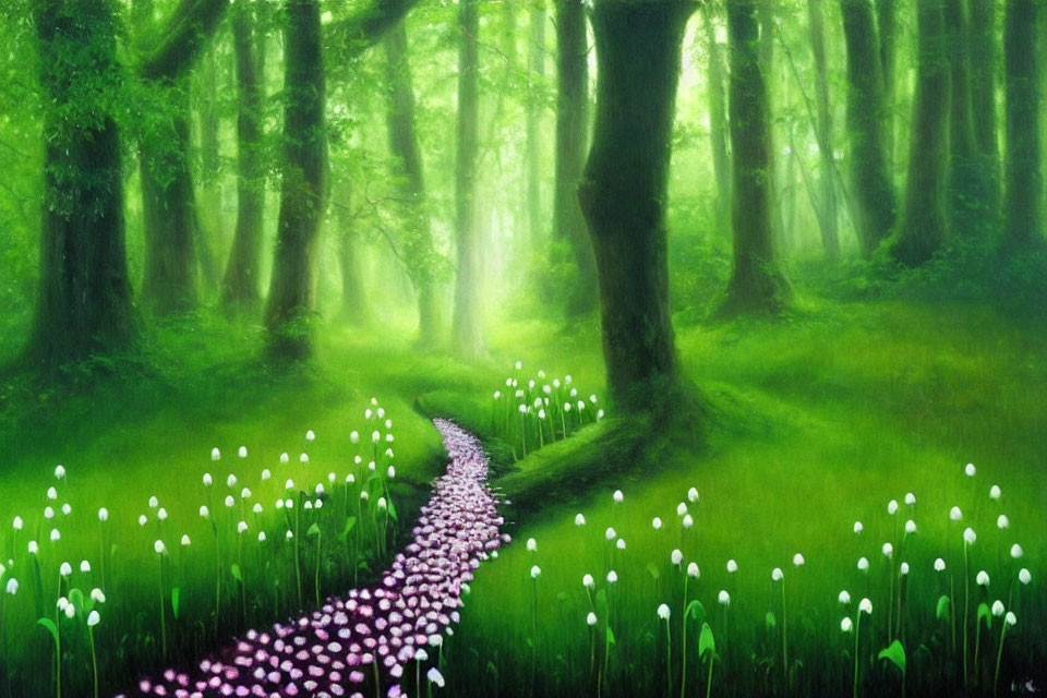 Mystical forest scene with green trees, white flowers, and soft sunlight