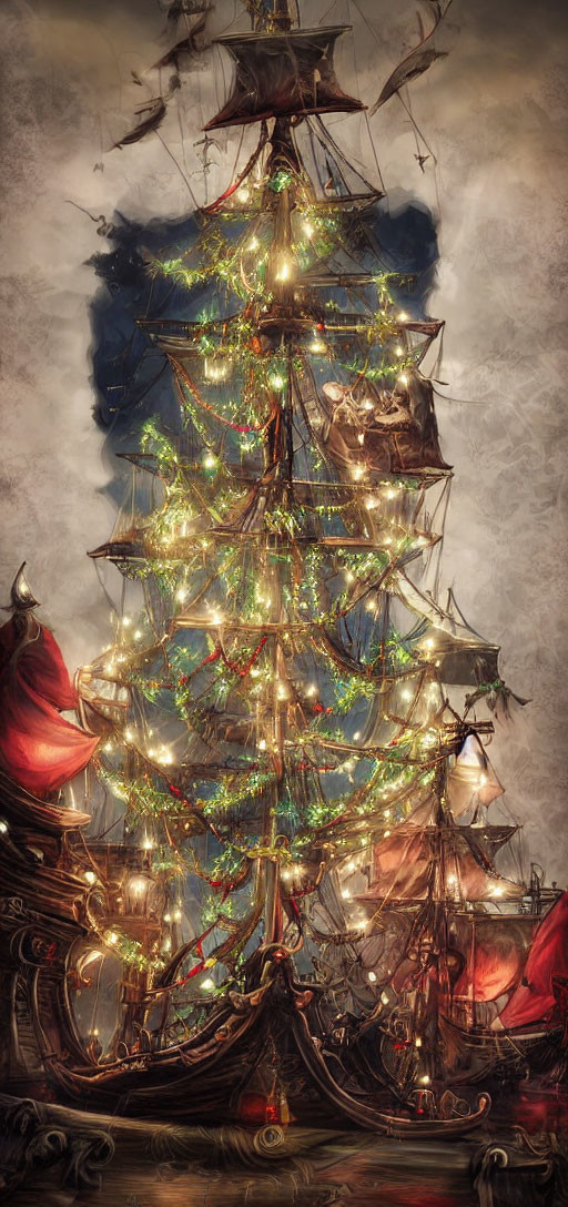 Tall ship with festive lights on moody backdrop