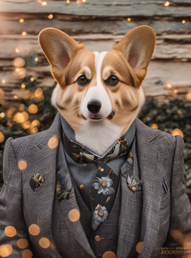 Corgi Dog Head on Human Body in Suit with Floral Tie on Festive Background